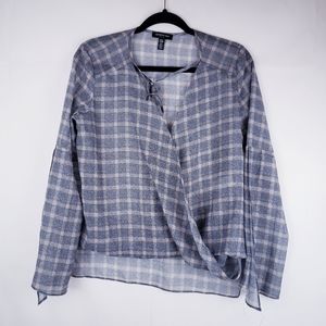 Kenneth Cole Womens Surplice Sheer Plaid Blouse slit Sleeve